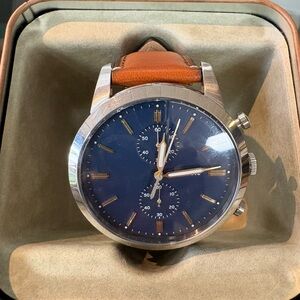Men's Tan Leather Strap Watch with Navy Dial